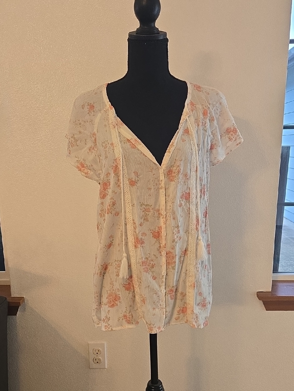 Wallflower Cream Blouse with Peach Floral Print and Tassel Ties